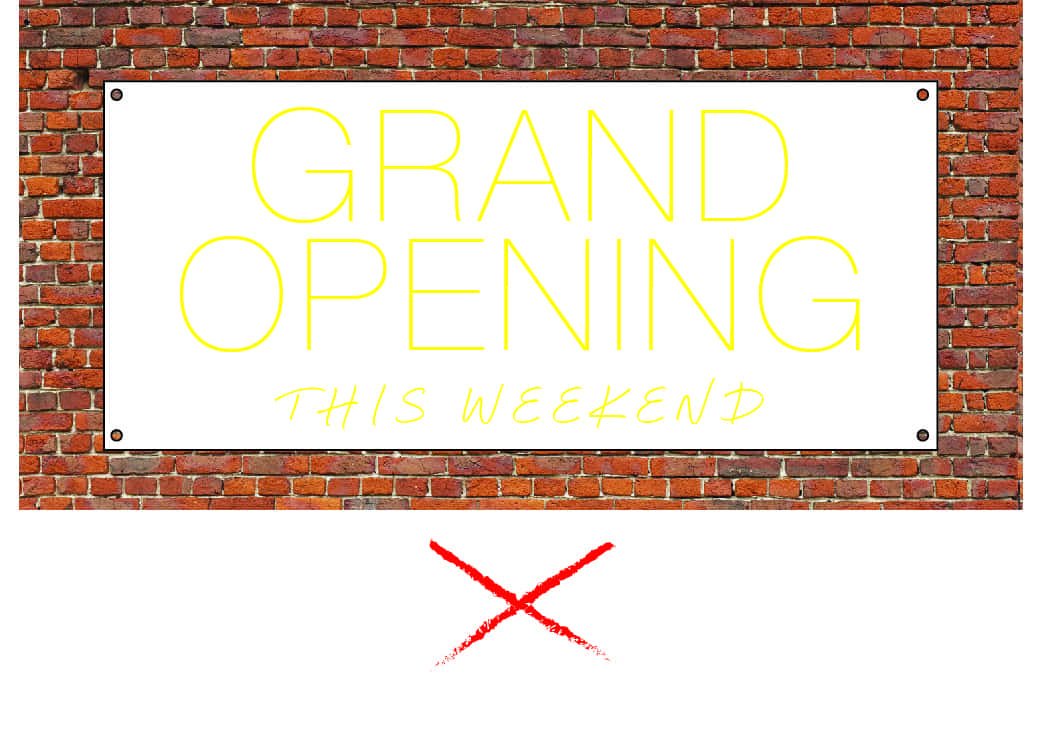 Unreadable banner with light yellow text on white background and a red X below.